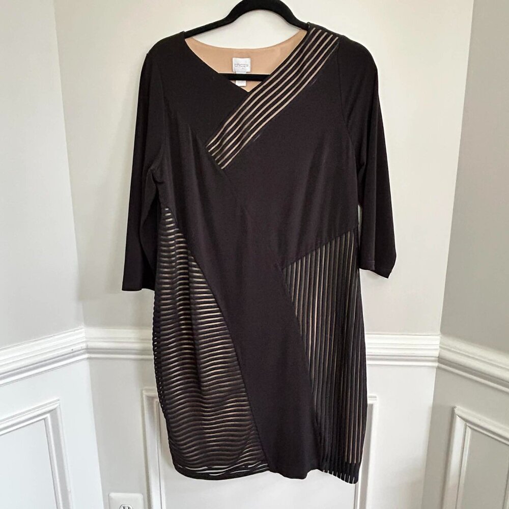 Chico's Black Mesh Dress With Nude Underlay Three-Quarter Sleeve Chicos 2 Large